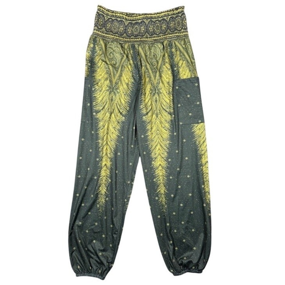 Qianxizhan Womens Grey Yellow Peacock Paisley Smocked‎ High Waist Harem Pants M